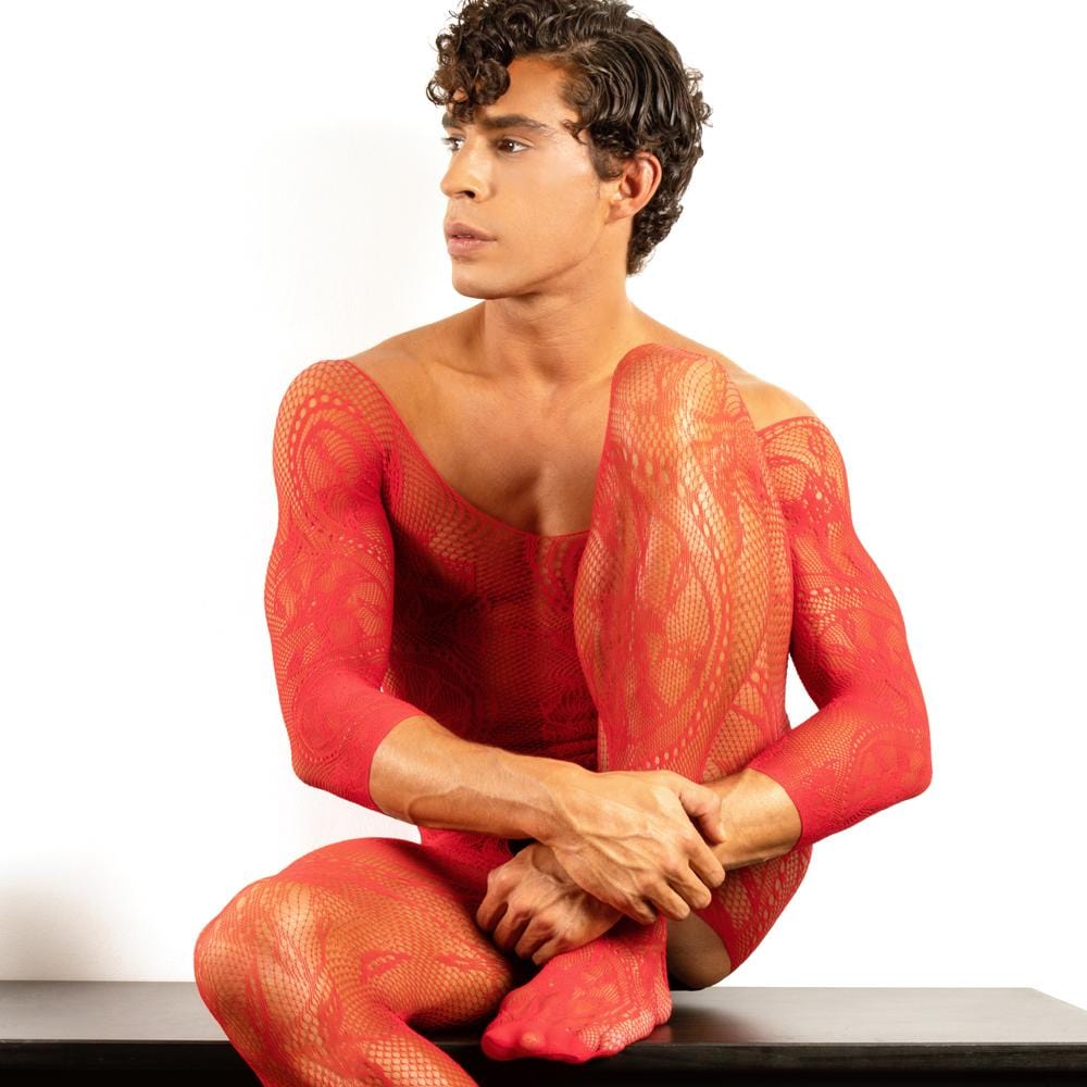 Secret Male SMC004 Bodystocking featuring a seductive lace design, full coverage, and sexy cutouts, perfect for showcasing muscular physique.