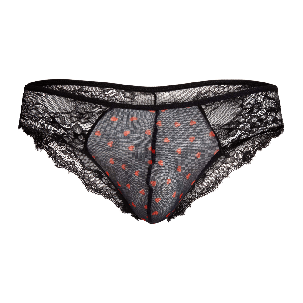 Secret Male SMI078 Flower Laced Bikini in black with heart design, showcasing its sexy and stylish features.