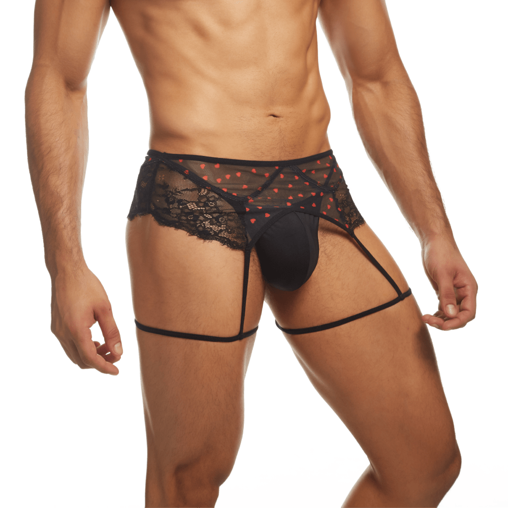 Secret Male SMU007 Flower Laced Peek-a-boo Lingerie in black with heart designs, showcasing elegant lace and provocative style.