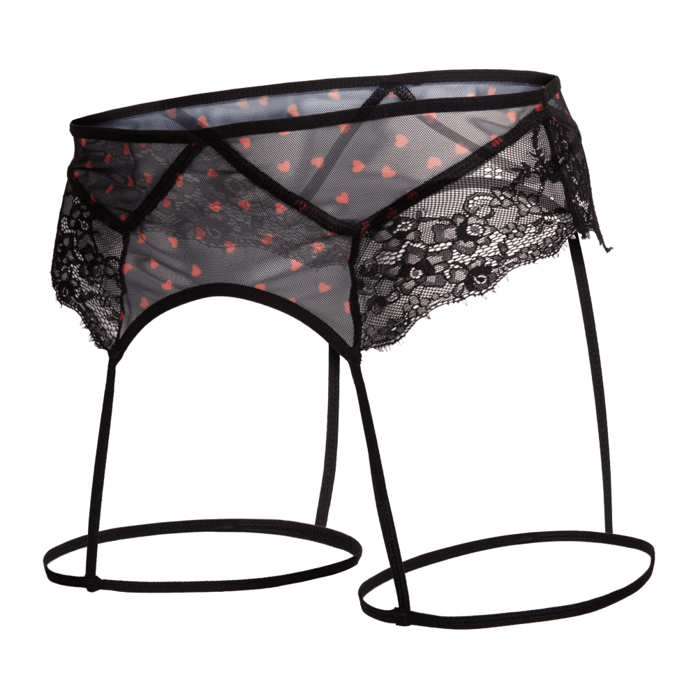 Secret Male SMU007 Flower Laced Peek-a-boo Lingerie in black with heart designs, showcasing elegant lace and provocative style.