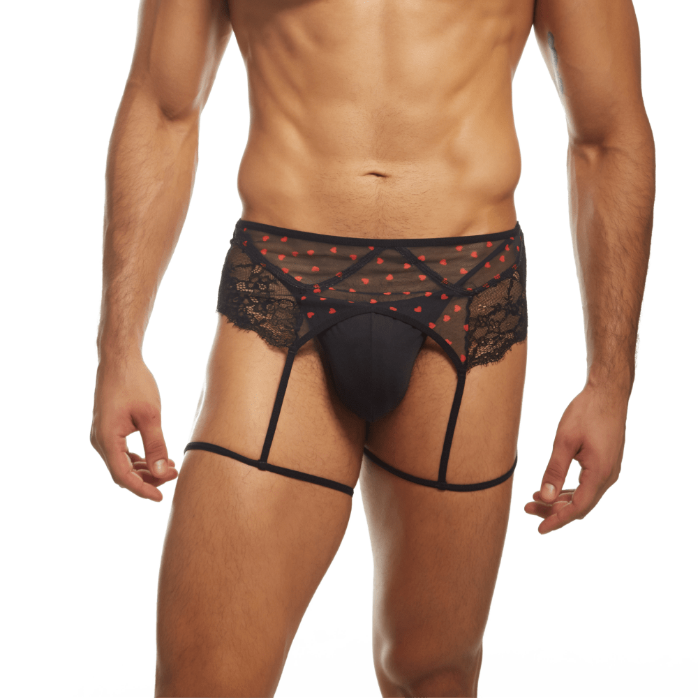 Secret Male SMU007 Flower Laced Peek-a-boo Lingerie in black with heart designs, showcasing elegant lace and provocative style.