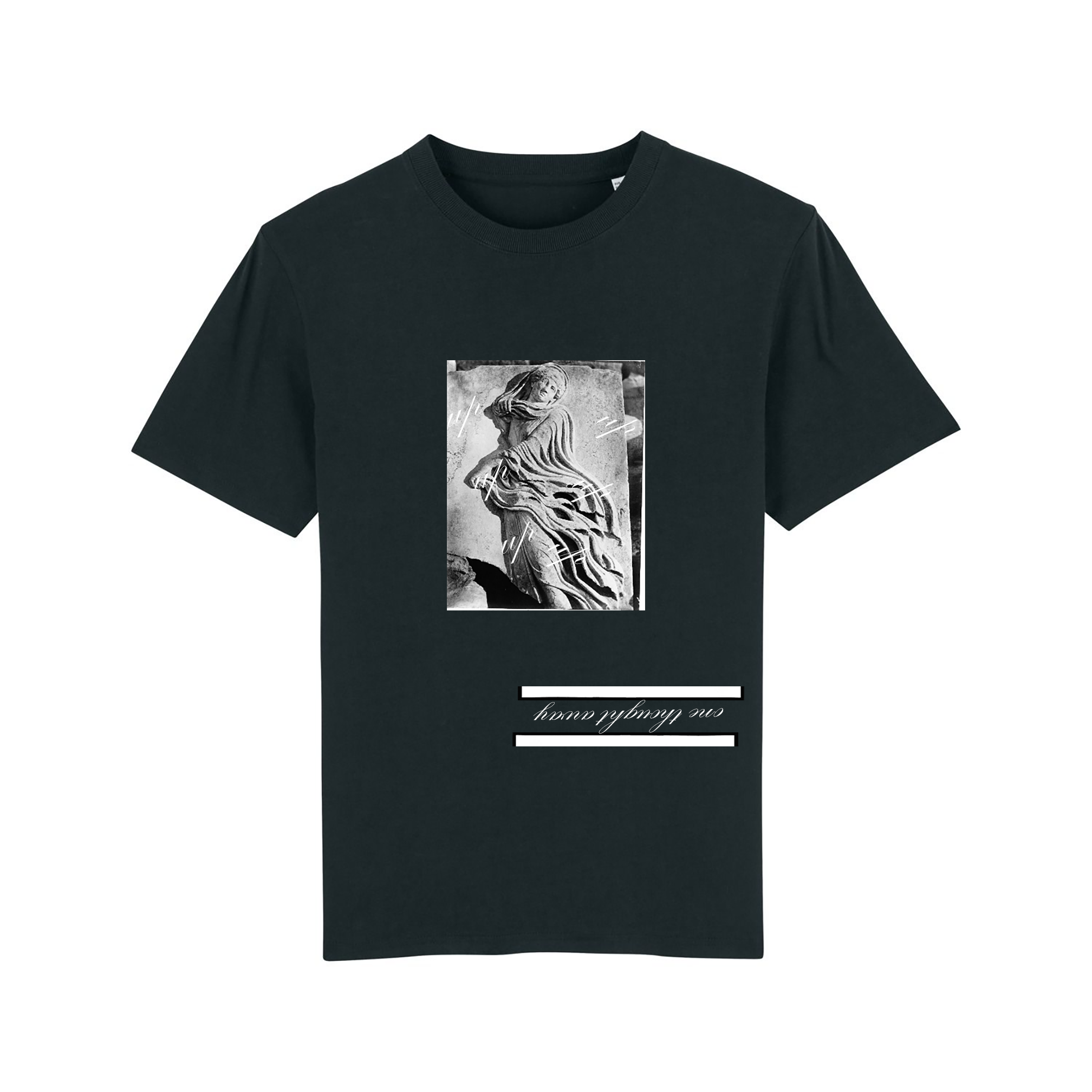 Black T-shirt with statue picture.