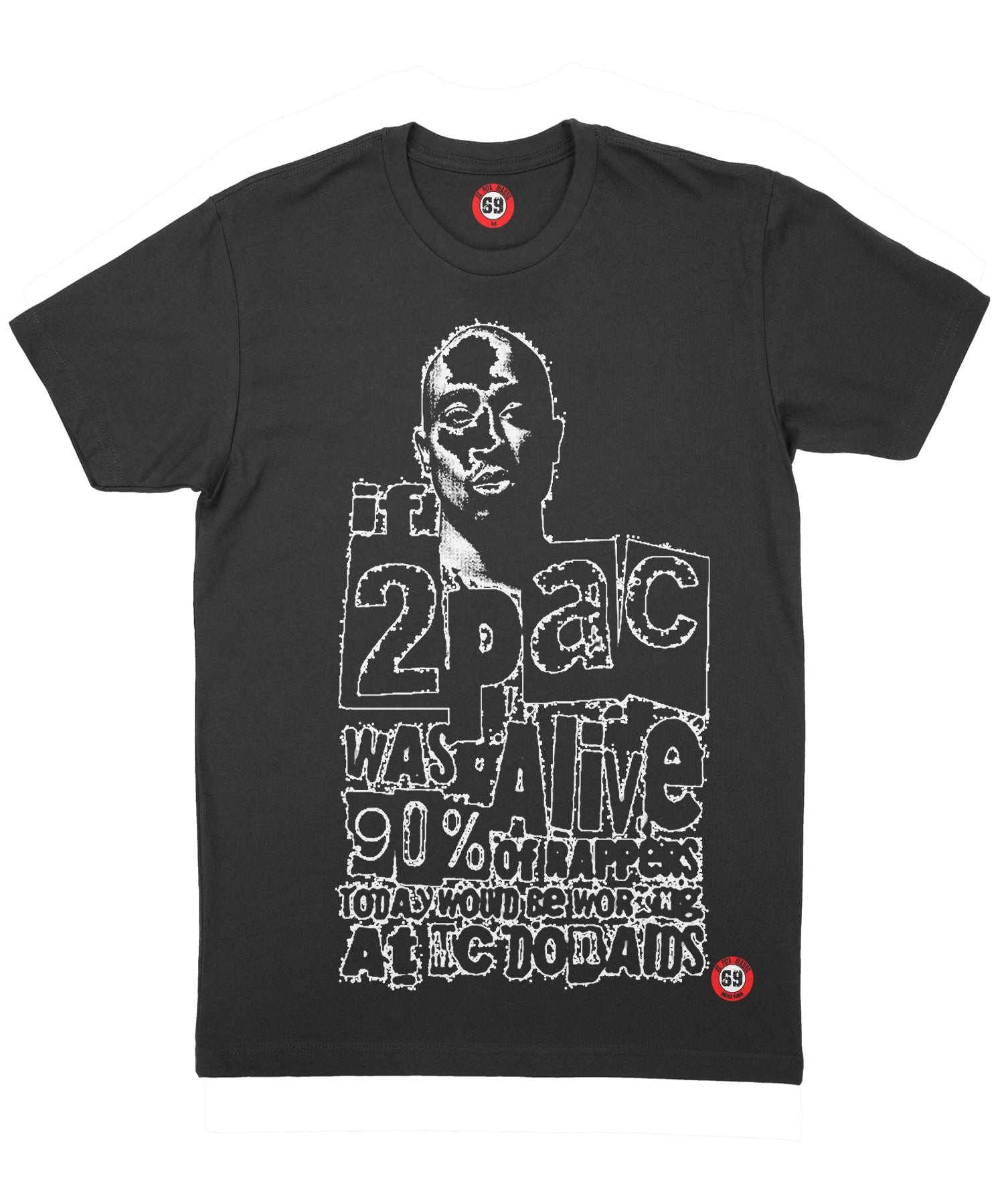 2Pac Alive Black t-shirt featuring a trendy design with handmade prints, made from breathable jersey cotton, showcasing the original DPM69 logo.