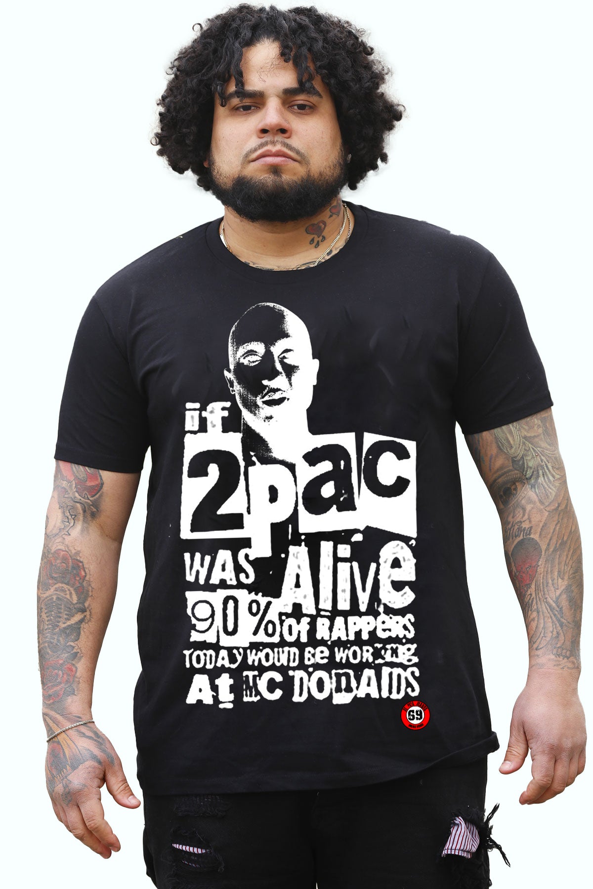 2Pac Alive Black t-shirt featuring a trendy design with handmade prints, made from breathable jersey cotton, showcasing the original DPM69 logo.