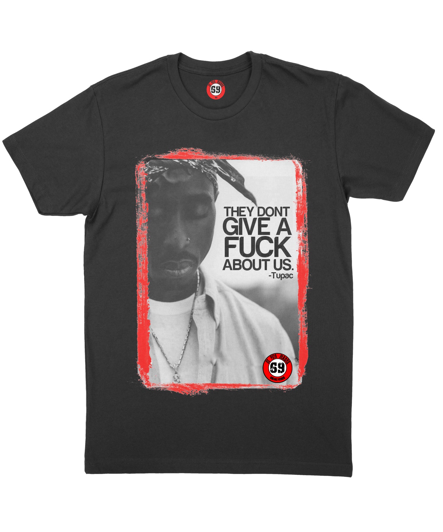 Black short-sleeved crew-neck t-shirt featuring 2Pac Give a F*ck design, made from breathable jersey cotton with handmade prints.