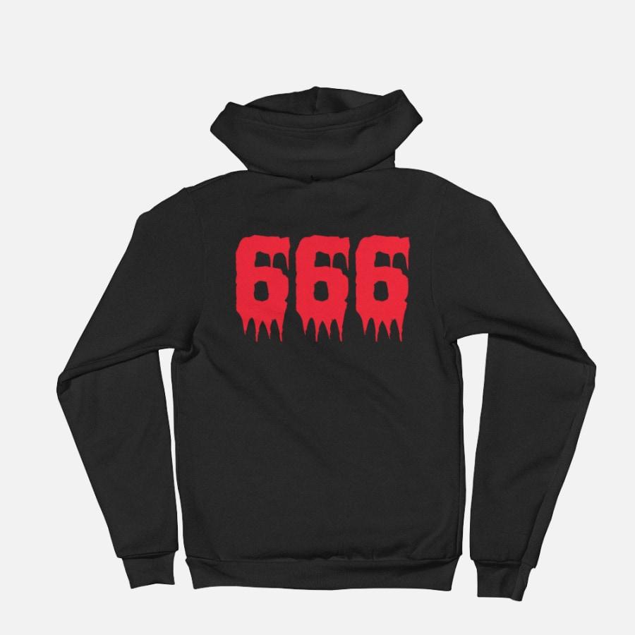 A stylish 666 Zipped Hoodie Sweater featuring a metal zipper, kangaroo pocket, and white drawcord, made from a soft cotton-polyester blend.