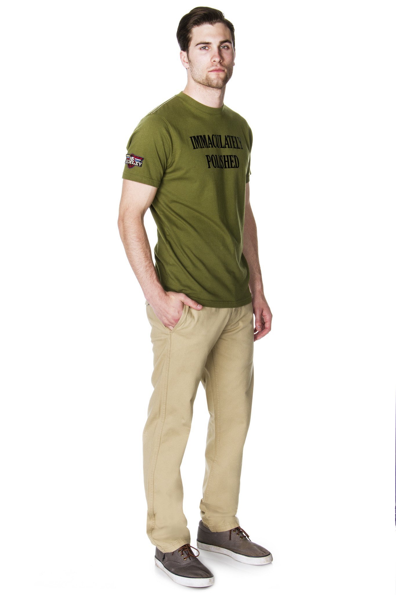 Technical drawing of the 65 MCMLXV Men's Khaki Chino Pant showcasing design details and features.