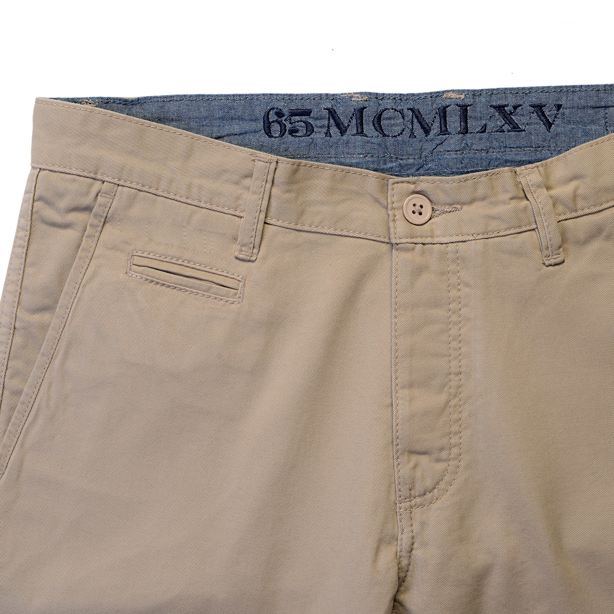 Technical drawing of the 65 MCMLXV Men's Khaki Chino Pant showcasing design details and features.