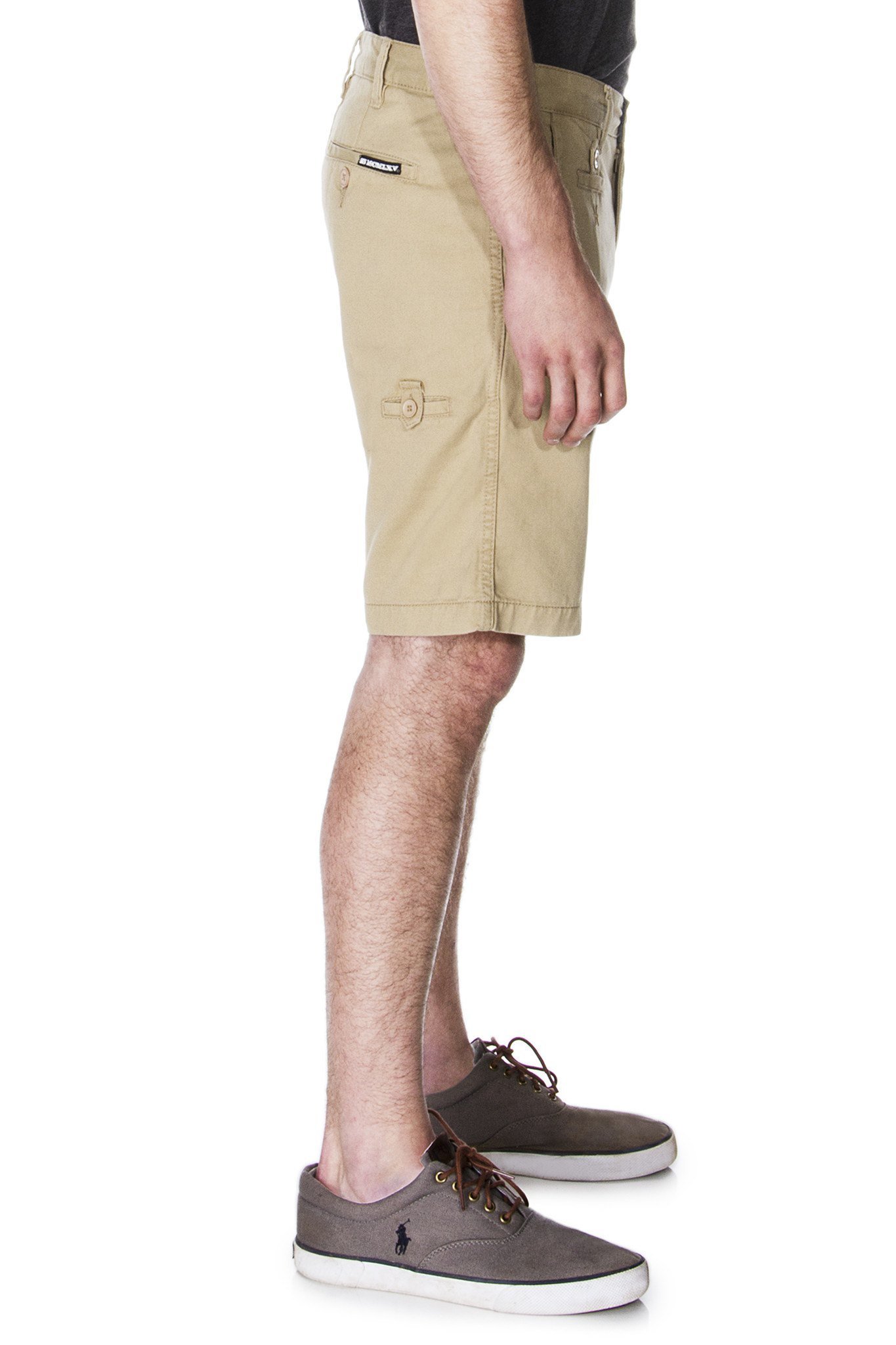 Technical drawing of 65 MCMLXV Men's Khaki Chino Short showcasing design and features.