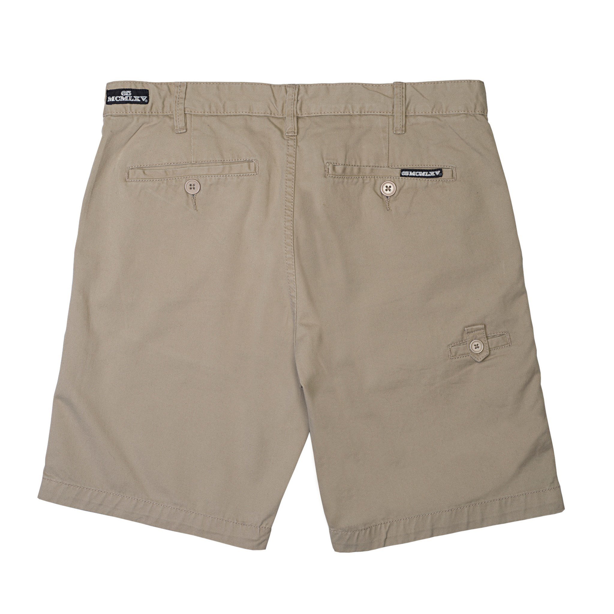 Technical drawing of 65 MCMLXV Men's Khaki Chino Short showcasing design and features.