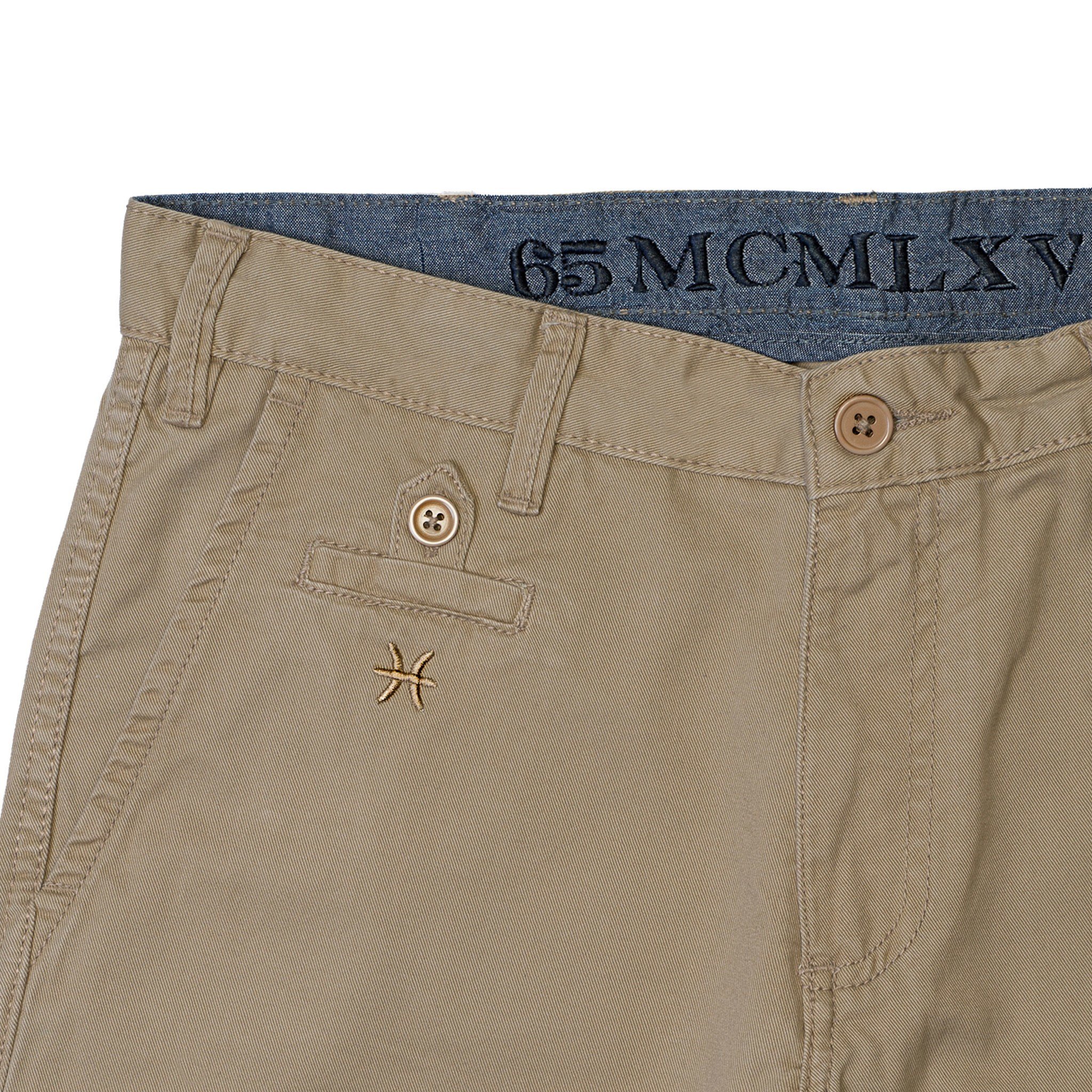 Technical drawing of 65 MCMLXV Men's Khaki Chino Short showcasing design and features.