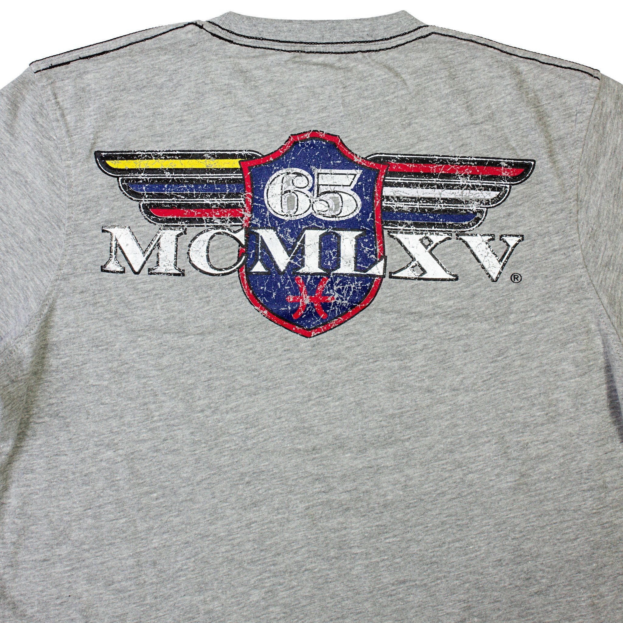 65 MCMLXV Men's Vintage Logo Graphic T-Shirt in Navy, featuring distressed foil artwork and embroidered logo patch.