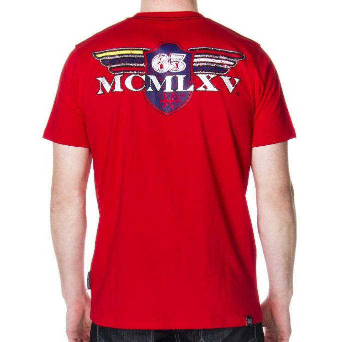 65 MCMLXV Men's Vintage Logo Graphic T-Shirt in Navy, featuring distressed foil artwork and embroidered logo patch.