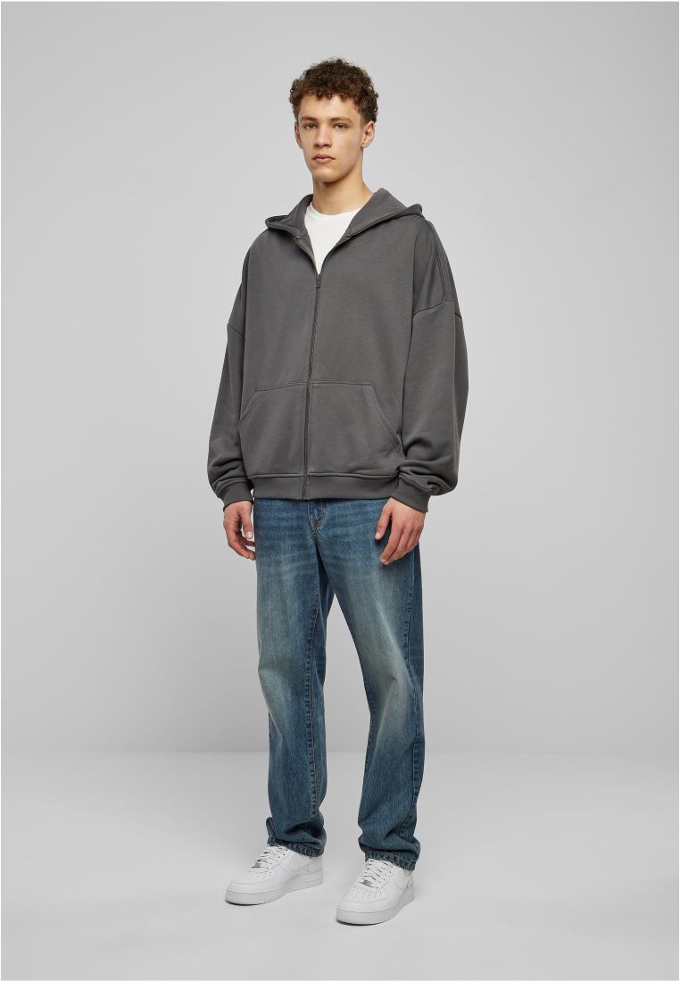 Men's 90s Zip Hoodie in soft terry fabric, featuring a large hood, split kangaroo pocket, and metal zipper for a stylish urban look.