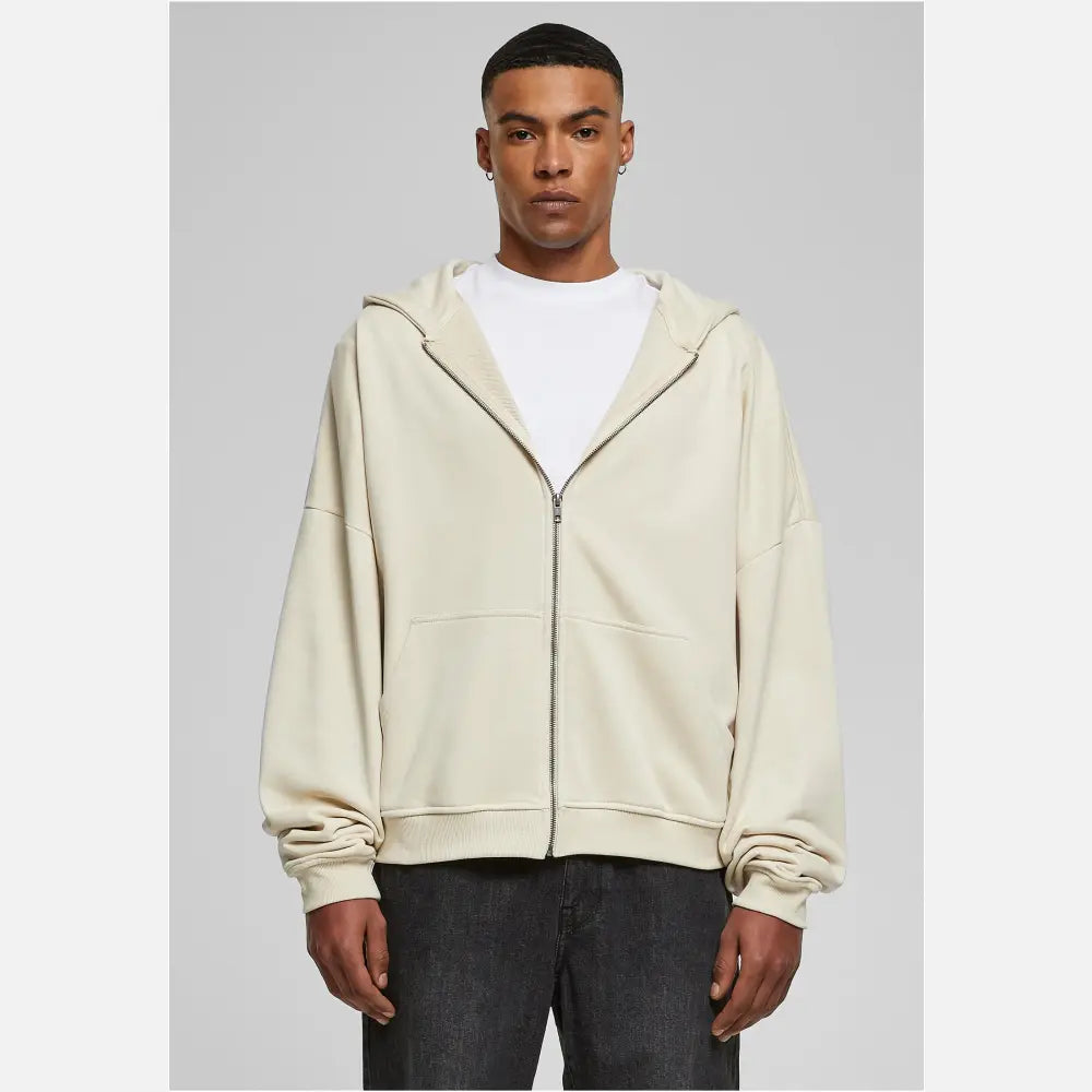 Men's 90s Zip Hoodie in soft terry fabric, featuring a large hood, split kangaroo pocket, and metal zipper for a stylish urban look.