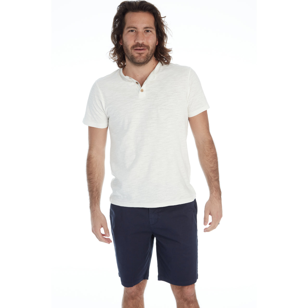 Adan Twill Shorts in navy color, featuring four pockets and a 9-inch inseam, made from a cotton-spandex blend.