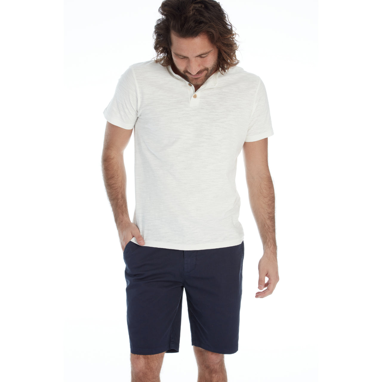 Adan Twill Shorts in navy color, featuring four pockets and a 9-inch inseam, made from a cotton-spandex blend.