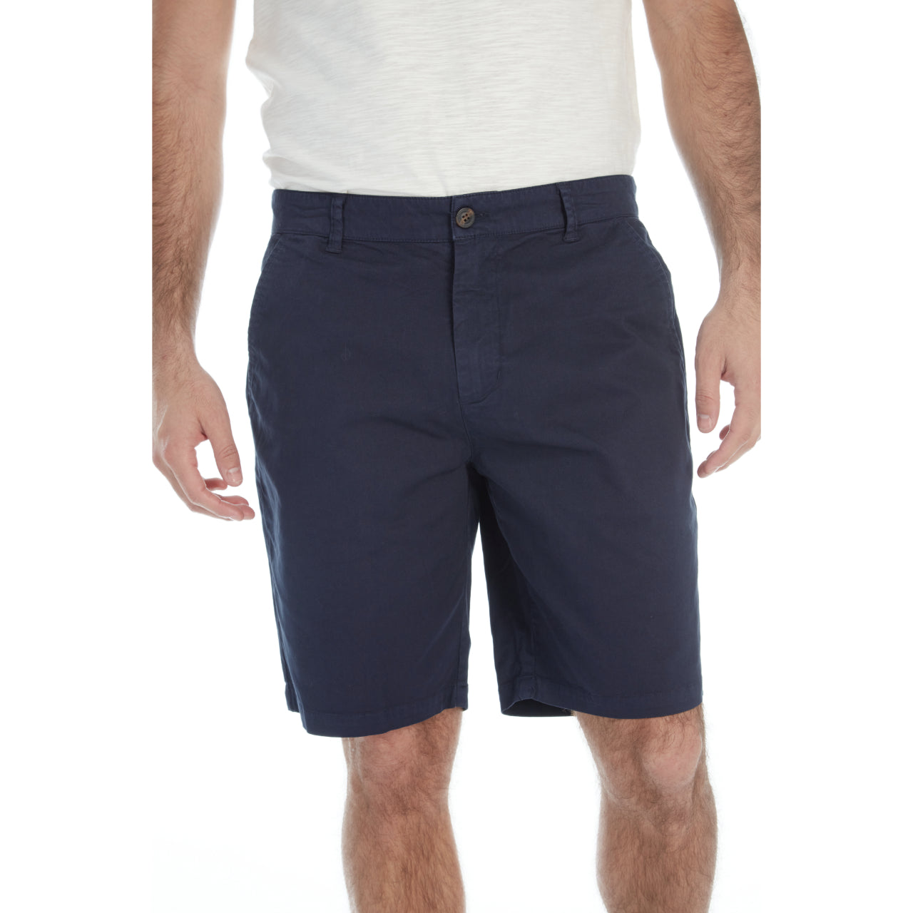 Adan Twill Shorts in navy color, featuring four pockets and a 9-inch inseam, made from a cotton-spandex blend.