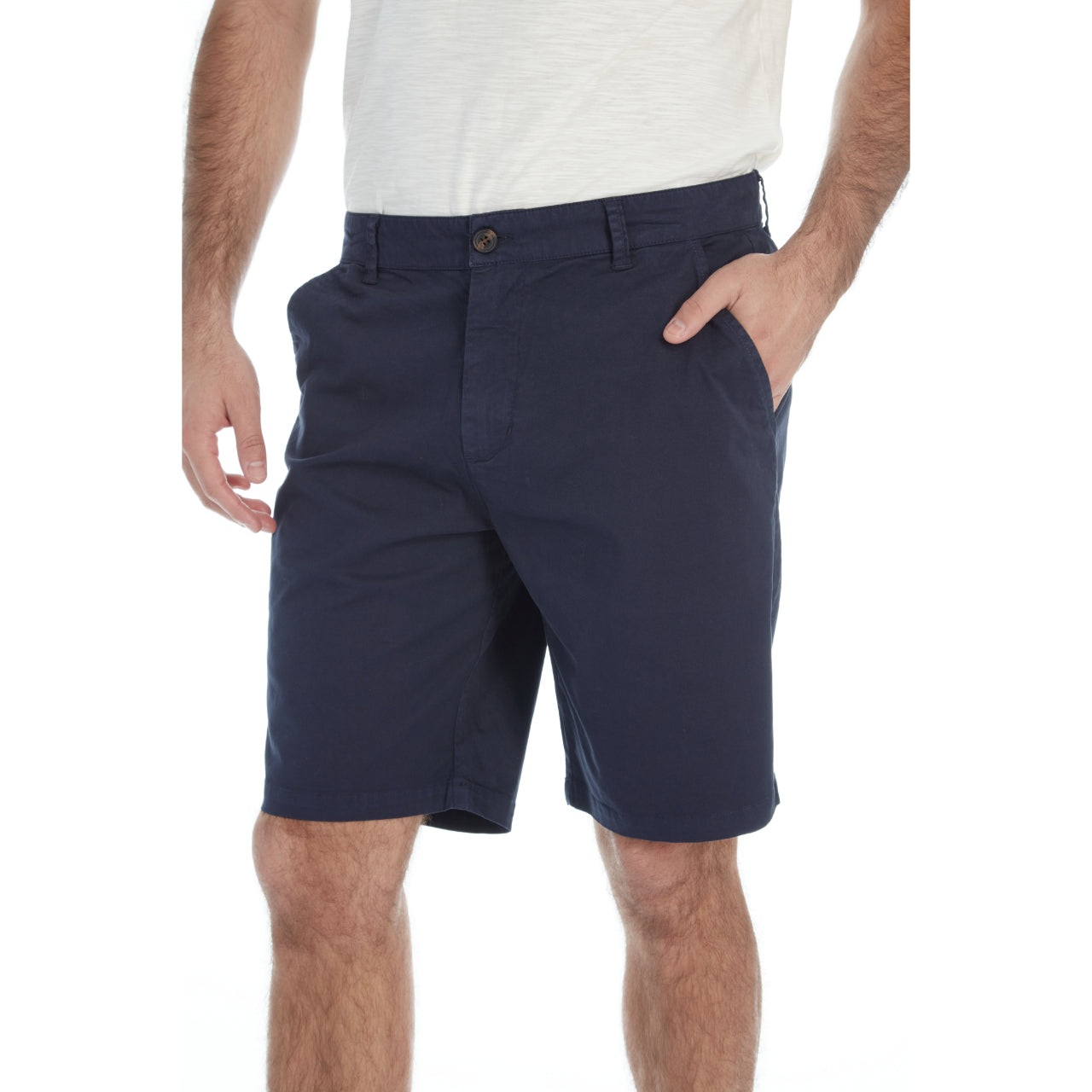 Adan Twill Shorts in navy color, featuring four pockets and a 9-inch inseam, made from a cotton-spandex blend.