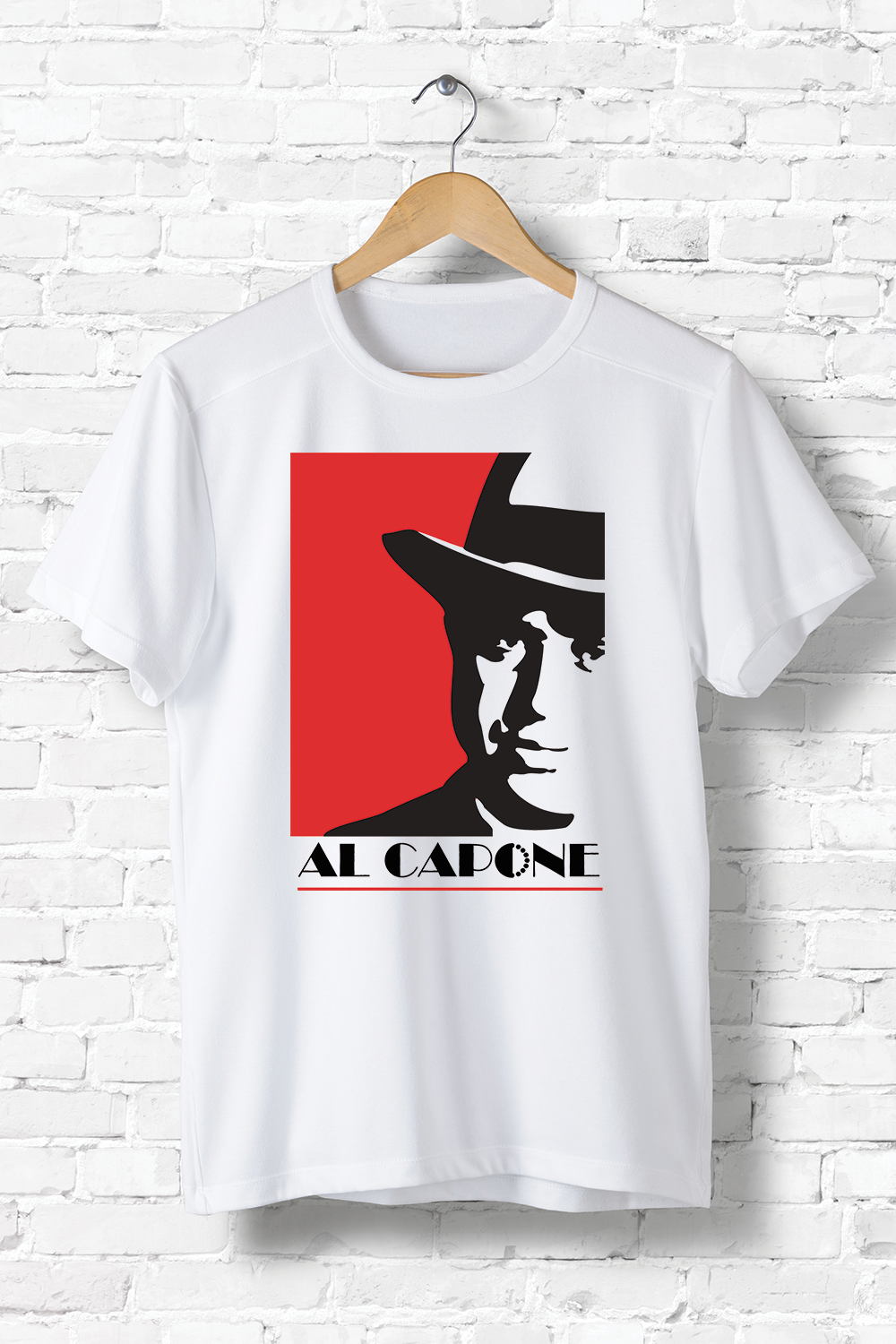 White T-shirt with Al Capone print.