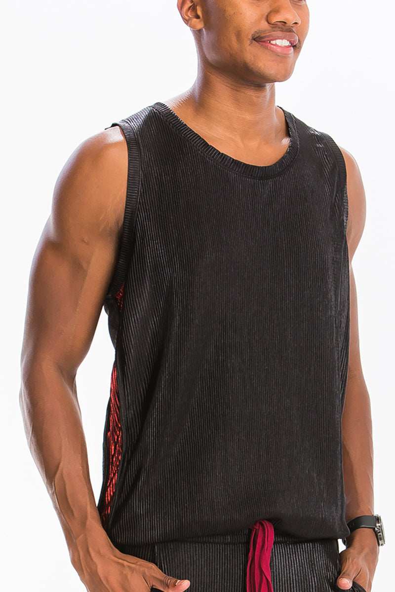 Alonso Metallic Box Tank featuring a metallic finish and red detailing on the side, displayed on a model.