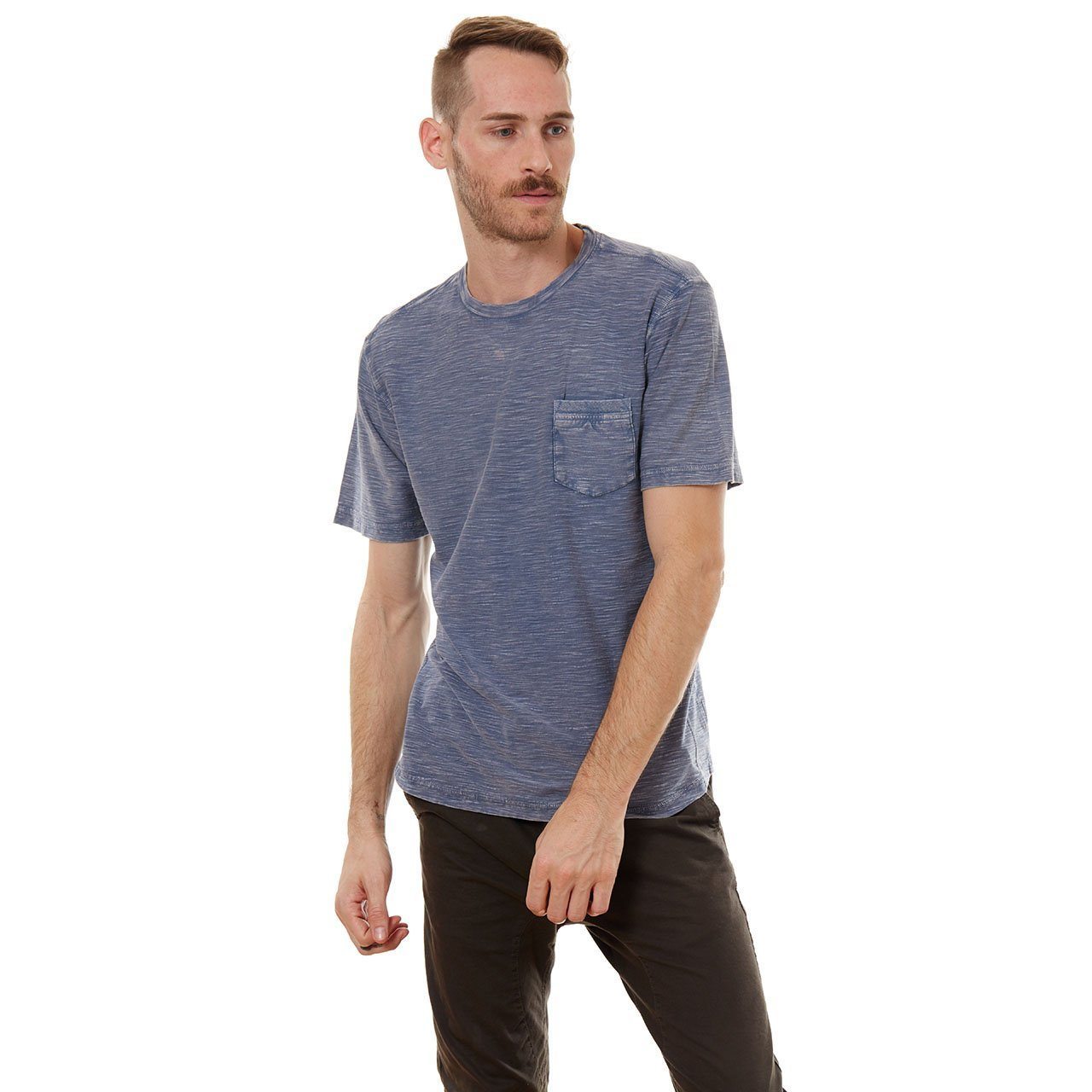 Amari Garment Dyed Tee featuring a crew neck, short sleeves, and a patch pocket, made from 100% cotton in an eco-friendly factory.