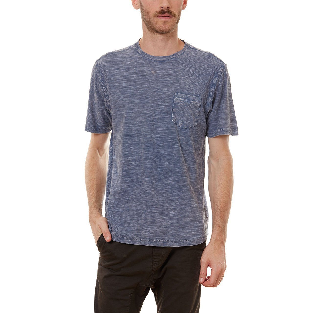 Amari Garment Dyed Tee featuring a crew neck, short sleeves, and a patch pocket, made from 100% cotton in an eco-friendly factory.