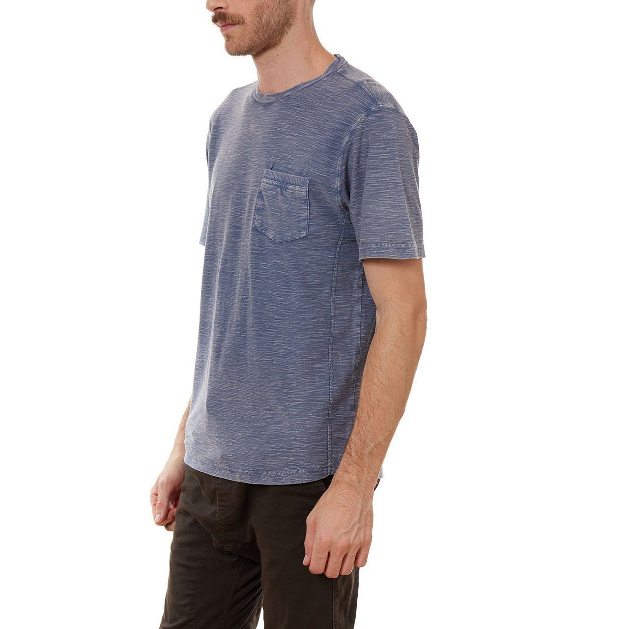 Amari Garment Dyed Tee featuring a crew neck, short sleeves, and a patch pocket, made from 100% cotton in an eco-friendly factory.