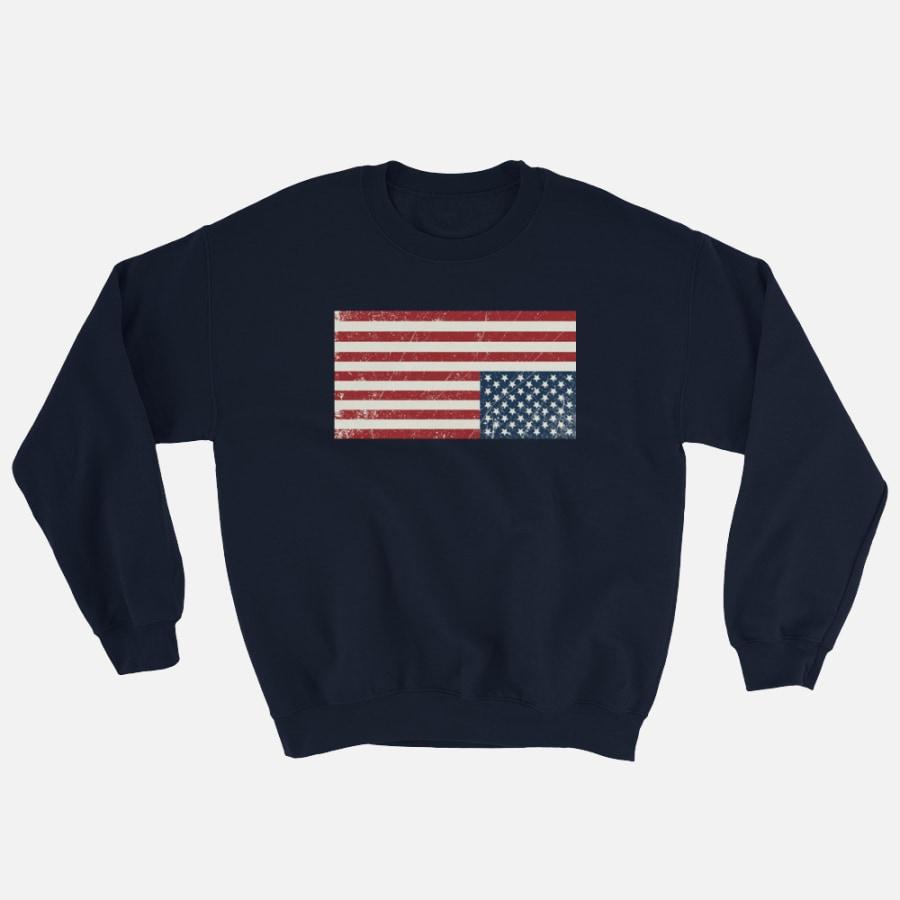 A cozy American Flag Sweatshirt featuring a classic fit, Norvine logo on the back, and elastic rib trim for durability.