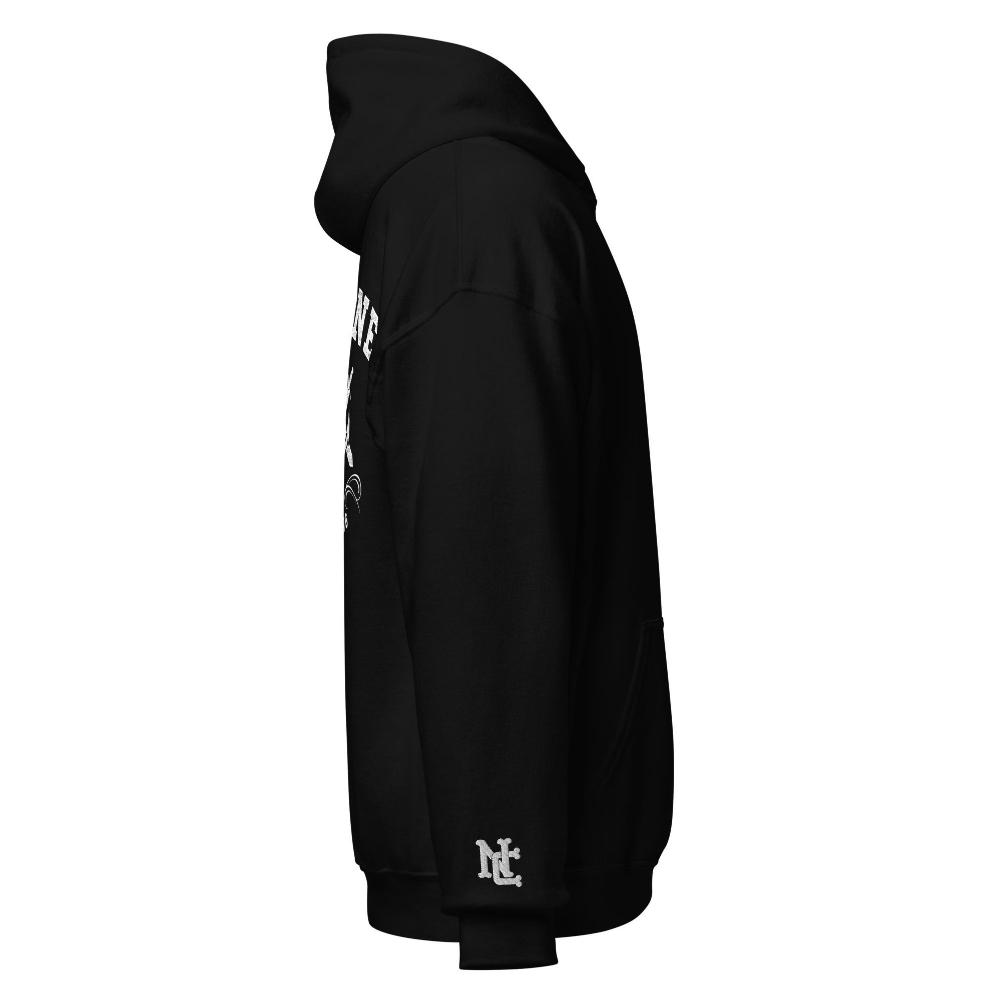 Anchor Heavy Blend Hoodie featuring large back print and embroidered logos on chest and sleeve, showcasing its stylish design and comfort.