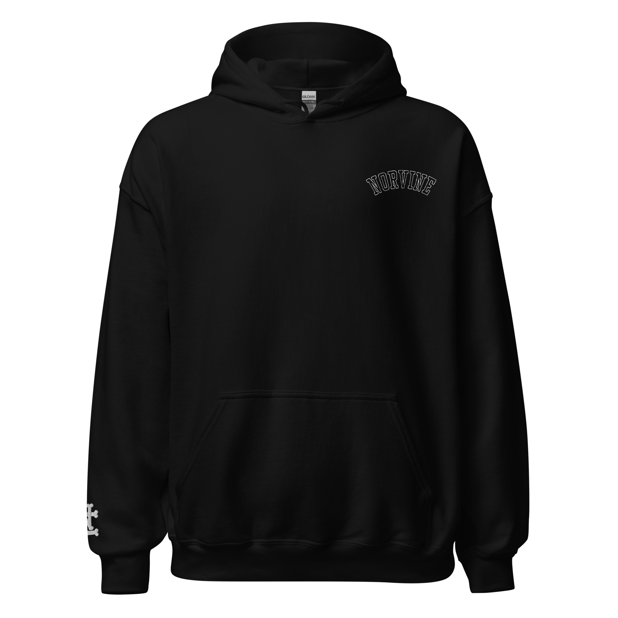 Anchor Heavy Blend Hoodie featuring large back print and embroidered logos on chest and sleeve, showcasing its stylish design and comfort.