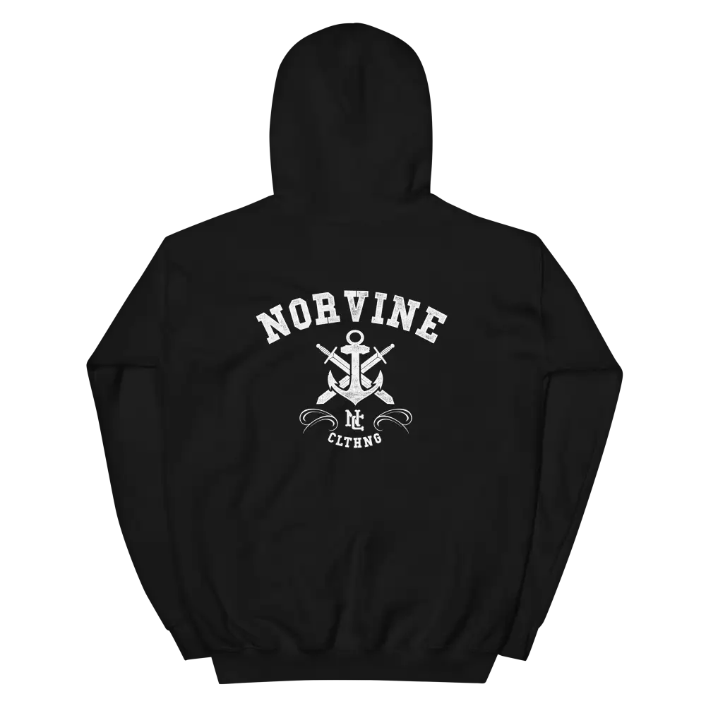 Anchor Heavy Blend Hoodie featuring large back print and embroidered logos on chest and sleeve, showcasing its stylish design and comfort.