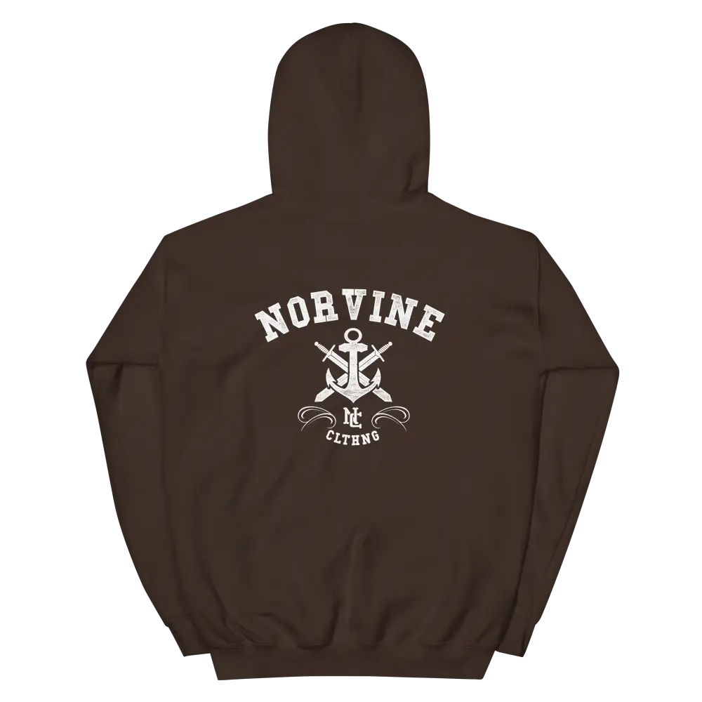 Anchor Heavy Blend Hoodie featuring large back print and embroidered logos on chest and sleeve, showcasing its stylish design and comfort.