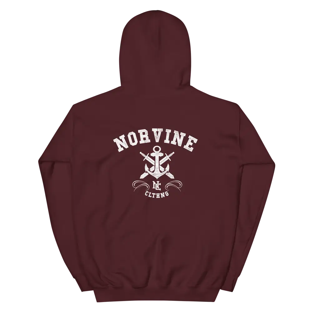 Anchor Heavy Blend Hoodie featuring large back print and embroidered logos on chest and sleeve, showcasing its stylish design and comfort.