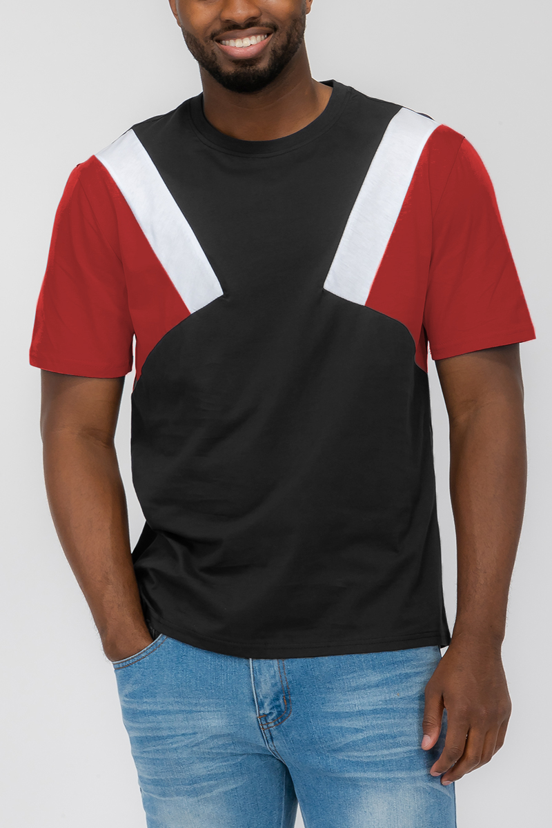 Angled Color Block Tee featuring a modern design with three vibrant colors, made from 100% cotton for comfort.