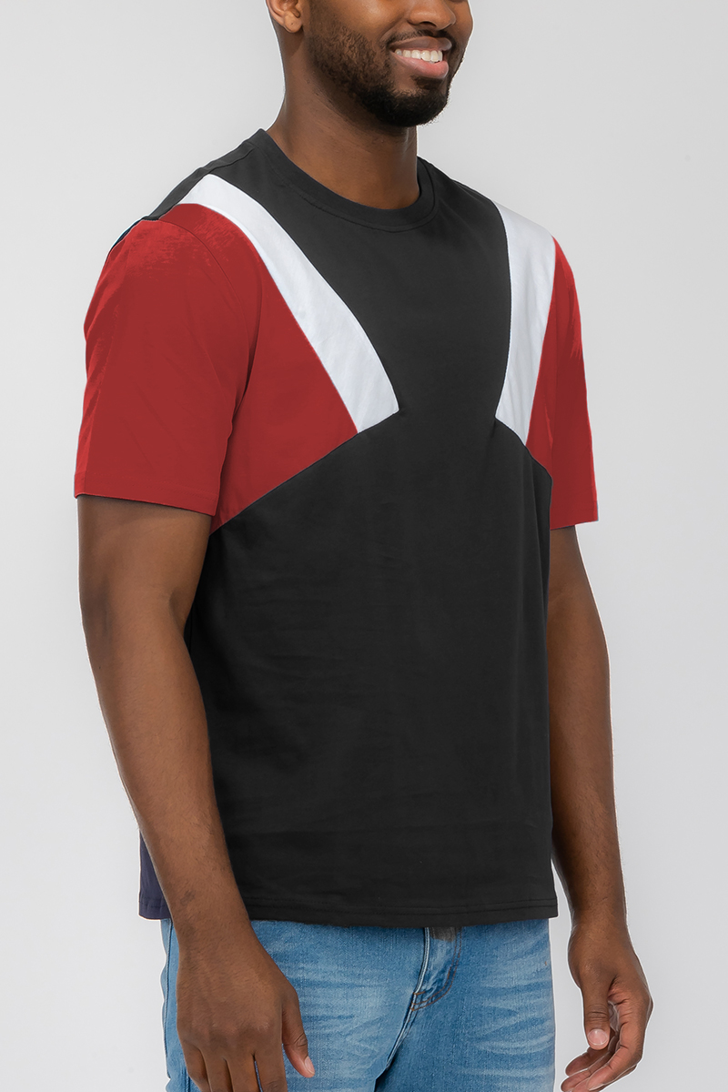 Angled Color Block Tee featuring a modern design with three vibrant colors, made from 100% cotton for comfort.