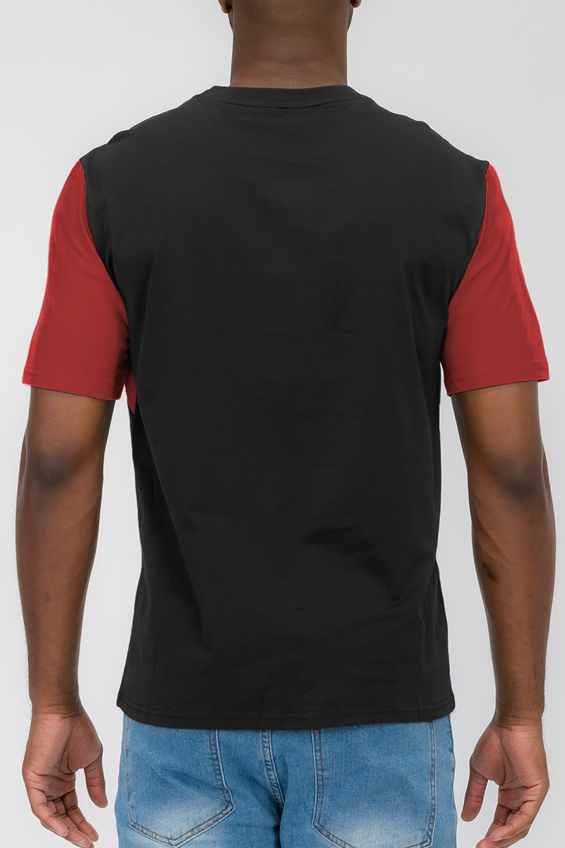 Angled Color Block Tee featuring a modern design with three vibrant colors, made from 100% cotton for comfort.