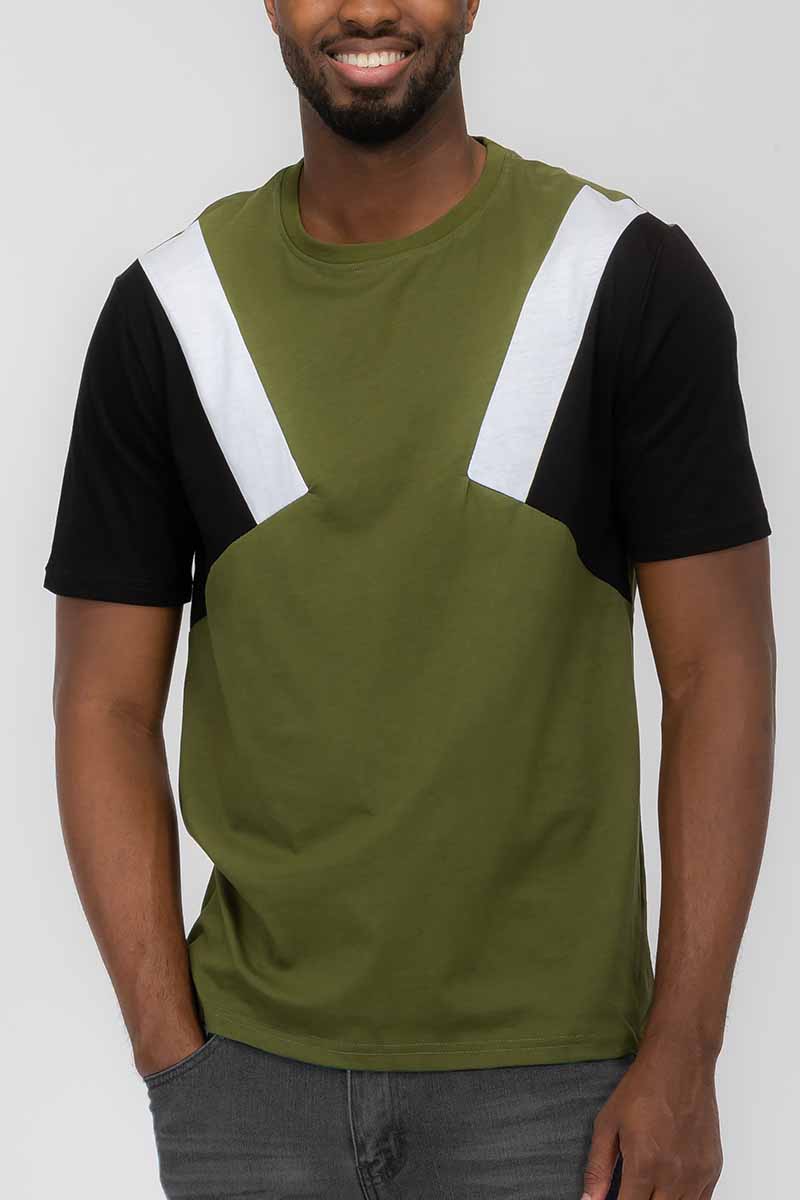 Angled Color Block Tee featuring a vibrant color block design in three colors, made from 100% cotton for comfort.