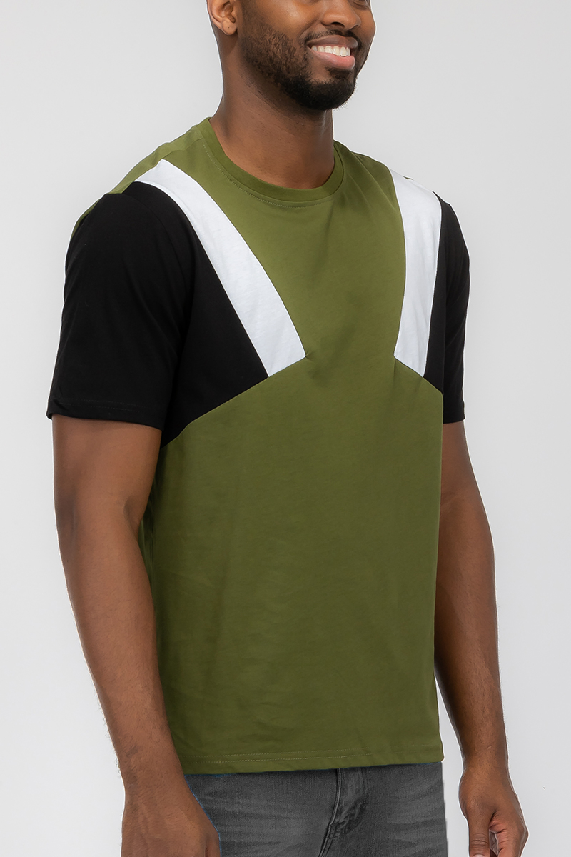 Angled Color Block Tee featuring a vibrant color block design in three colors, made from 100% cotton for comfort.