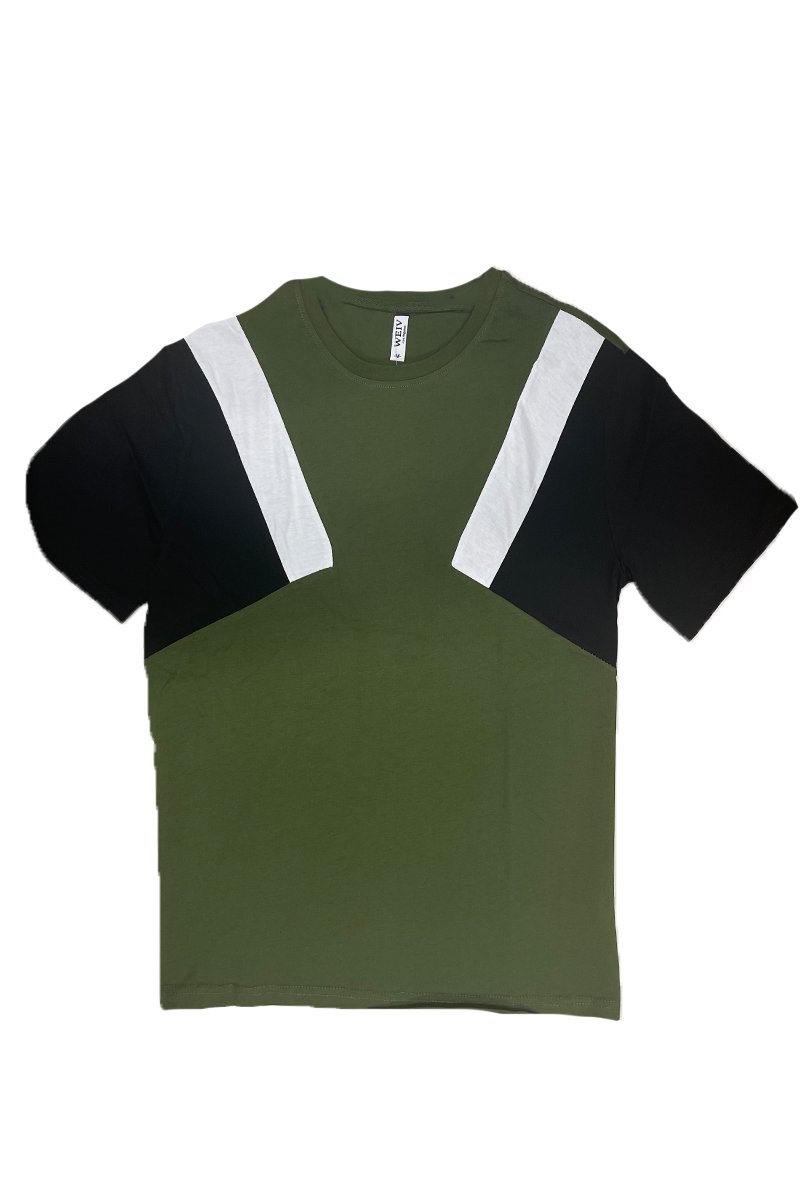 Angled Color Block Tee featuring a vibrant color block design in three colors, made from 100% cotton for comfort.