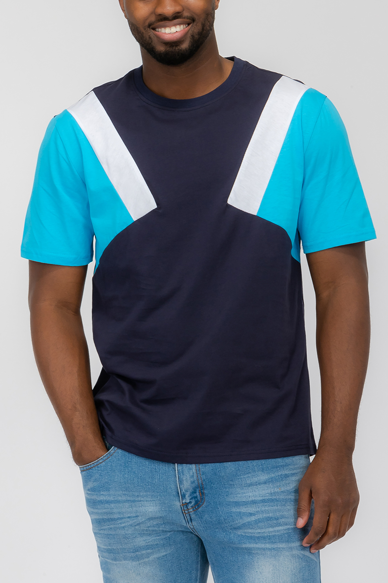 Angled Colorblock Tee featuring a modern design with vibrant colors, made from 100% cotton for comfort.