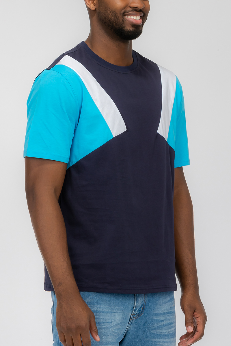 Angled Colorblock Tee featuring a modern design with vibrant colors, made from 100% cotton for comfort.