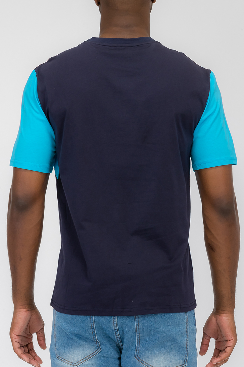 Angled Colorblock Tee featuring a modern design with vibrant colors, made from 100% cotton for comfort.