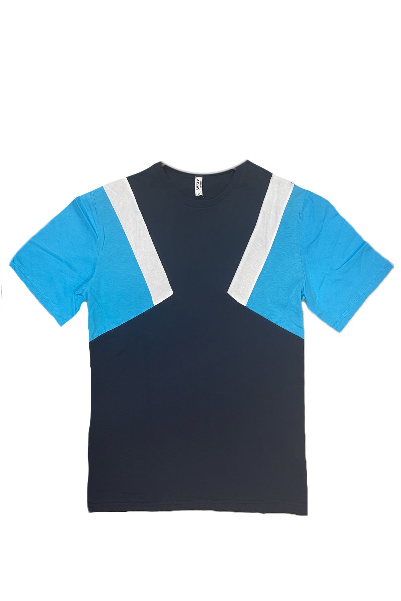 Angled Colorblock Tee featuring a modern design with vibrant colors, made from 100% cotton for comfort.