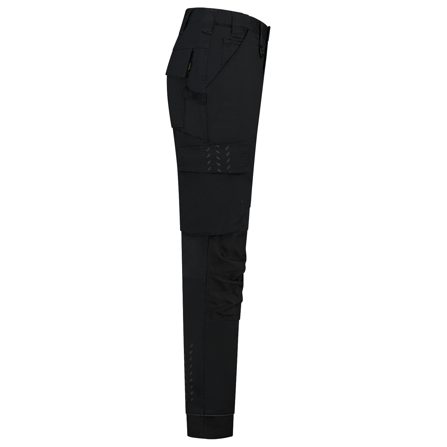 Arbeitshose Twill Cordura Stretch in Schwarz mit reflektierenden Details, elastischem Bund und praktischen Taschen für Werkzeuge.