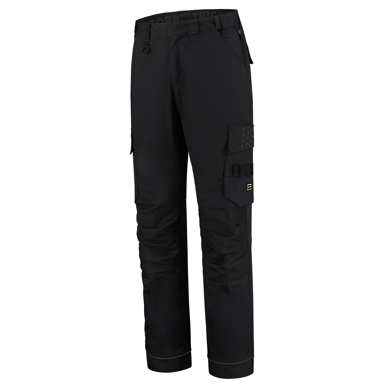 Arbeitshose Twill Cordura Stretch in Schwarz mit reflektierenden Details, elastischem Bund und praktischen Taschen für Werkzeuge.