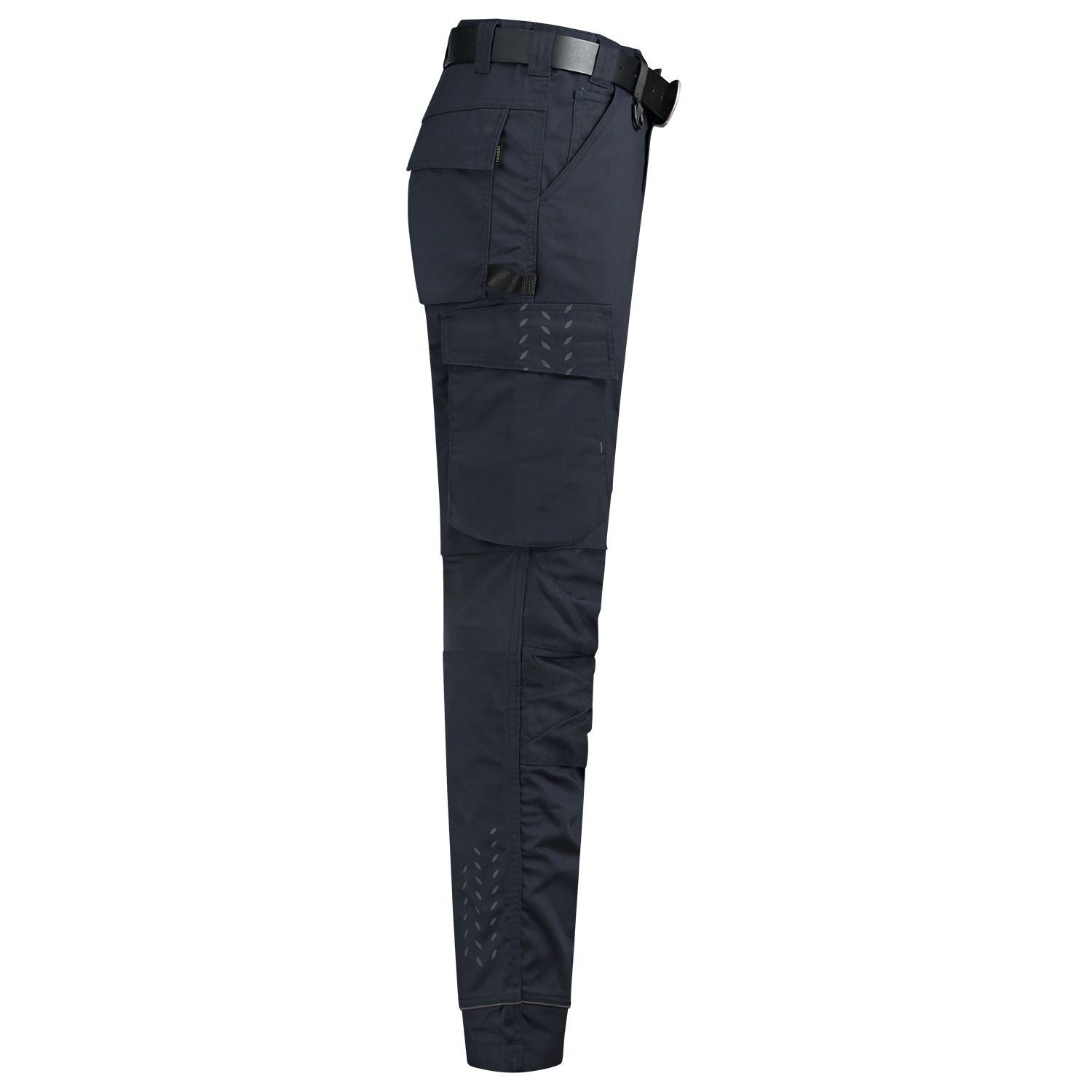 Arbeitshose Twill Cordura Stretch in Schwarz mit reflektierenden Details, elastischem Bund und praktischen Taschen für Werkzeuge.