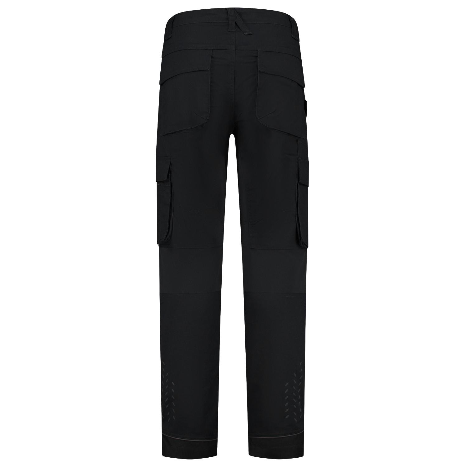 Arbeitshose Twill Cordura Stretch in Schwarz mit reflektierenden Details, elastischem Bund und praktischen Taschen für Werkzeuge.