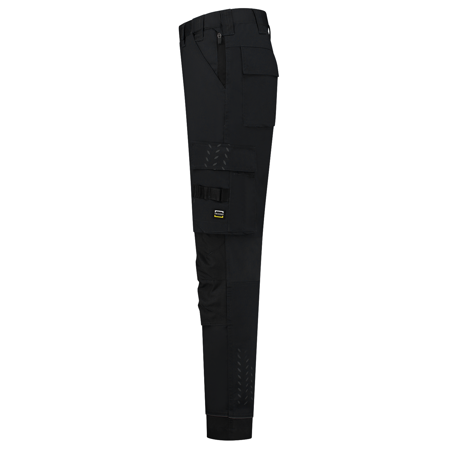 Arbeitshose Twill Cordura Stretch in Schwarz mit reflektierenden Details, elastischem Bund und praktischen Taschen für Werkzeuge.