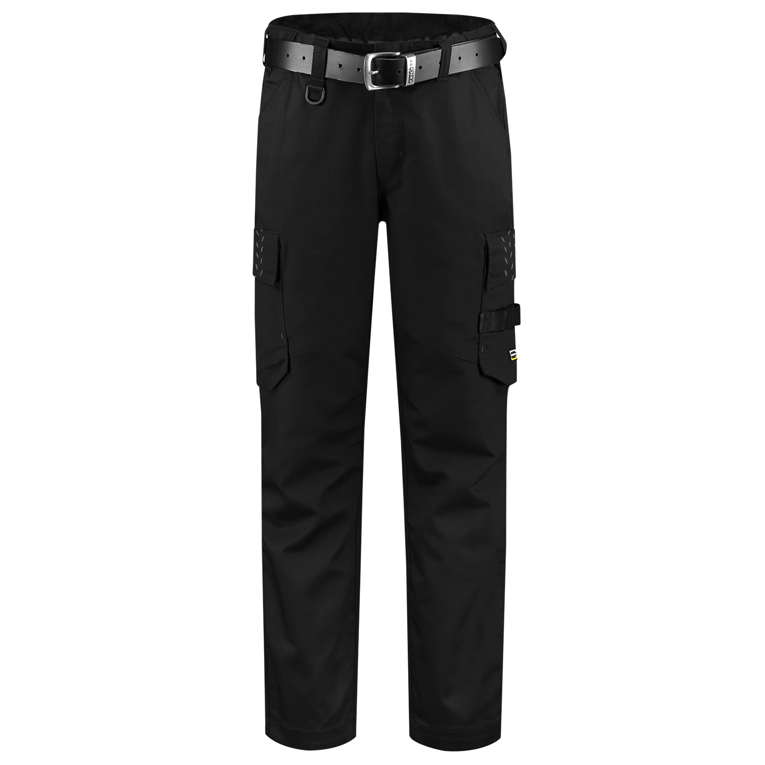 Arbeitshose Twill in Schwarz mit reflektierenden Details und verstellbarem Taillenbund, ideal für Logistik und Bau.